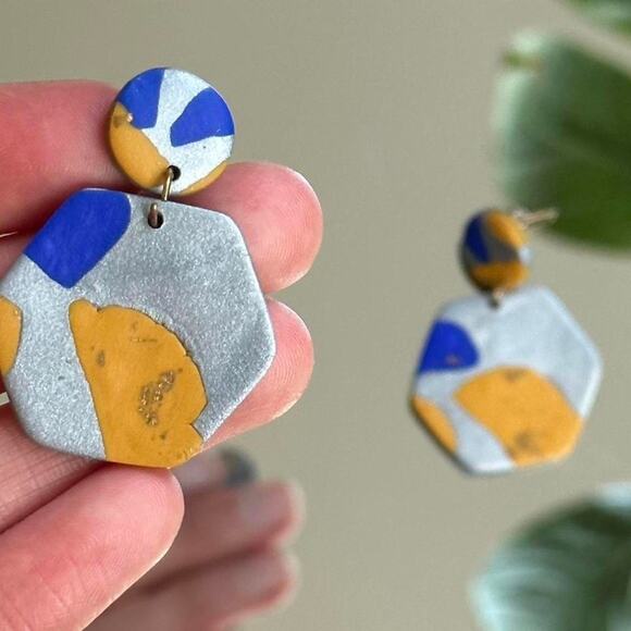 Chunky boho statement earrings handmade silver gold yellow blue - Picture 2 of 7